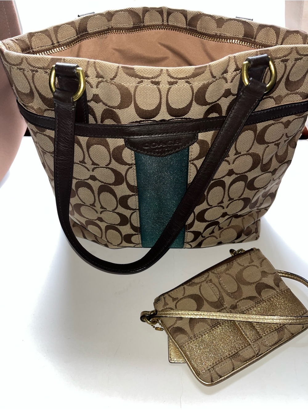 COACH VINTAGE Signature Canvas Medium Tote with Teal & Wristlet Gold Stripe